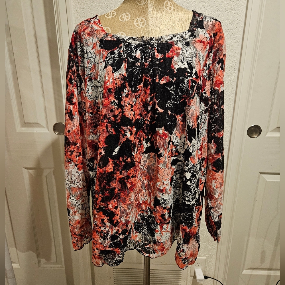 Cj Banks Floral Print Women's Top - Red and Black 3x